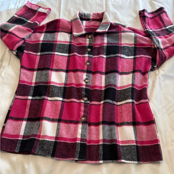 Tops - Oversized Plaid Flannel Shacket Hot Pink & Black Checkered Button-Down 2XL